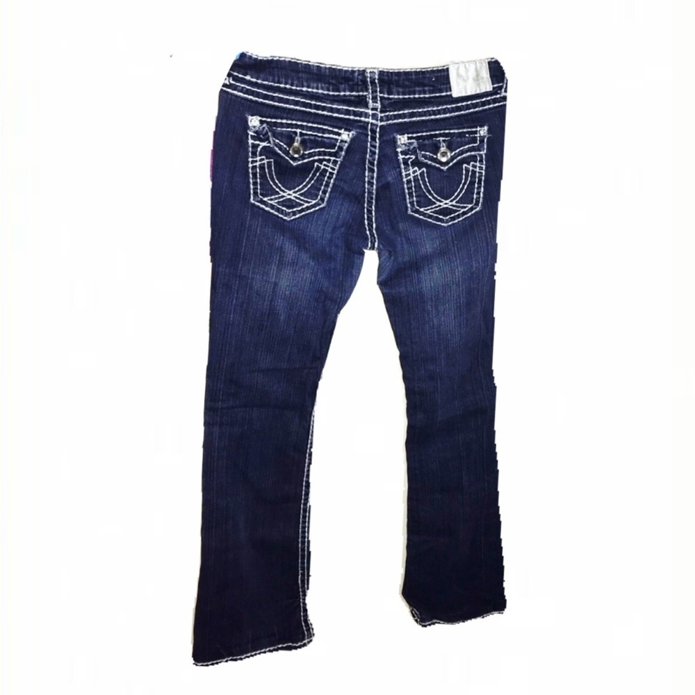 VINTAGE LA IDOL LOW RISE WHITE CONTRAST STITCH DENIM JEANS EMBELLISH RHINESTONE
